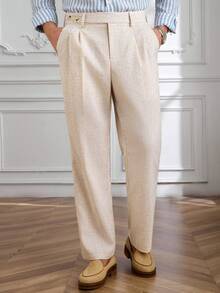 Core Aspect Men's Solid Color Linen Casual Business Pants With Belt Loops And Zipper, Ankle Length - Beige - View 8