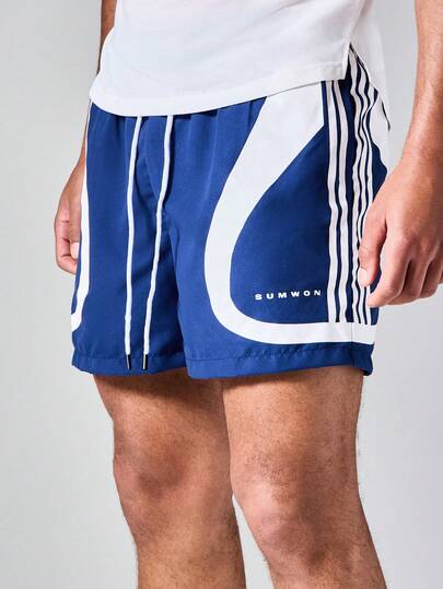 SUMWON Pantalones cortos tejidos con bloqueo de color, rayas, cintura con cordón y detalles de panel de contraste para vacaciones de verano