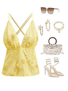 Gownix Débardeur sexy à détails de sequins floraux pour femmes - Jaune citron - Voir 1