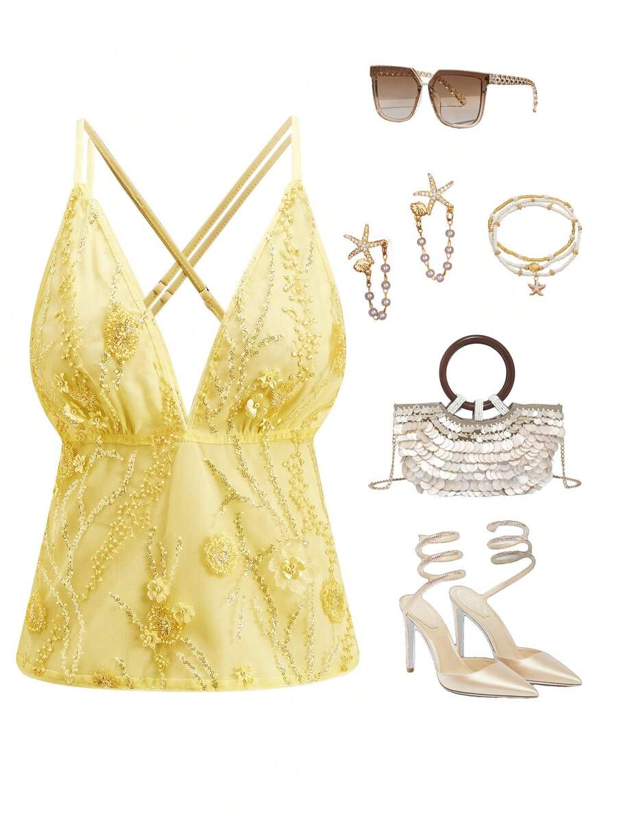 Gownix Débardeur sexy à détails de sequins floraux pour femmes - Jaune citron - Voir 1