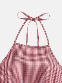 lacRébo Vestido midi de cuadros rojos relajado con tirantes finos y espalda abierta, estilo primavera verano con volantes, vestido de vacaciones, vestido estilo francés, vestido casual - Rojo y blanco - Ver 8