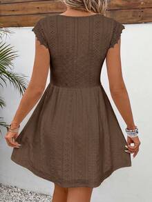 SHEIN Frenchy Women's Solid Color V-Neck Ruched Casual Party Dress,Dresses For Women Summer - Coffee Brown - View 2