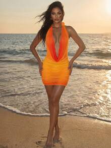 Zestiva Mono vestido ajustado con escote pronunciado, nudo delantero y espalda descubierta para vacaciones de verano en la playa - Naranja - Ver 4