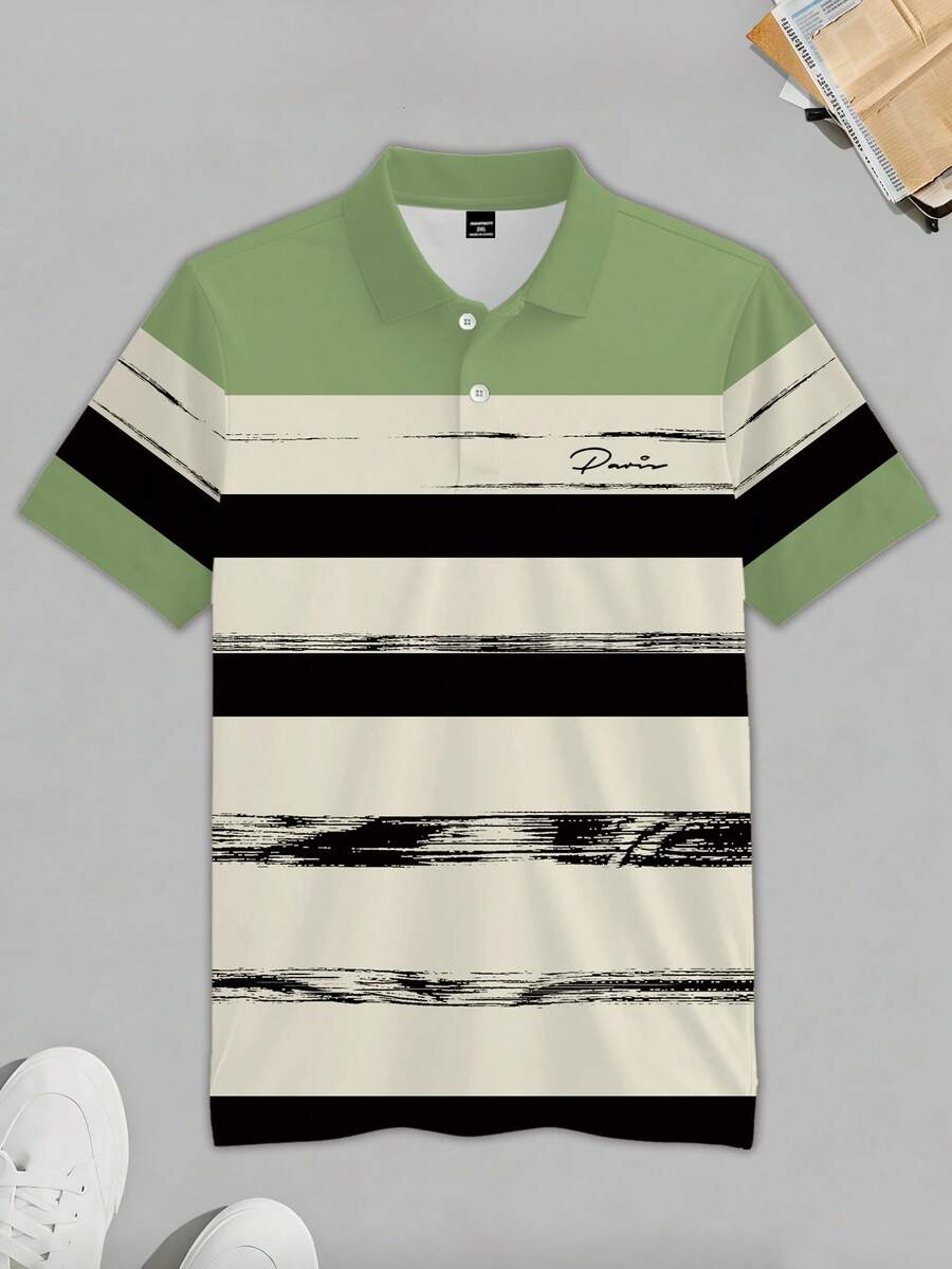 Manfinity Homme 男士绿黑条纹 Polo 衫,成熟风格胸前字母 Logo 休闲短袖上衣,轻便商务休闲撞色领短袖 T 恤,日常通勤 Polo 衫 - 彩色 - 查看 1