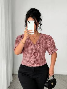SHEIN Clasi Plus Size Women's Pink And Grey Plaid Woven Puff Sleeve V-Neck Blouse,Elegant Summer Office Work Commute Top,Casual Fitted Blouse For Dates & Parties - Burgundy - View 6