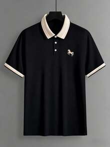 Calvornis 男士緹花領刺繡短袖休閒 Polo 衫，正式款 - 黑色 - 查看 6