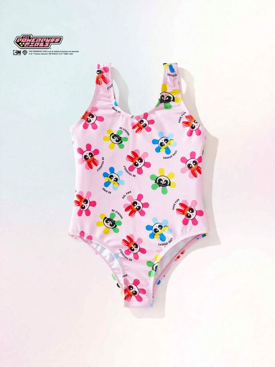 THE POWERPUFF GIRLS X SHEIN Maija Kids 女童碎花吊带连体泳衣,百搭舒适 - 彩色 - 查看 1