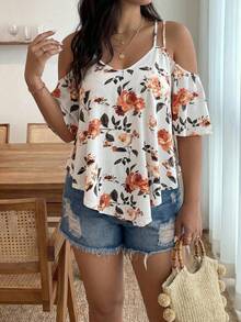 Enliva Jolene.Mendez Plus Floral Print Cold Shoulder Curved Hem Tee, For Apple Rounded Body Shape, For Summer - Multicolor - View 3