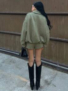 AfricaSnchz Women's Regular Faux Suede Long Sleeve Single Breasted Loose Casual Jacket, For Spring, Women's Pocket Metal Button Short Military Green Jacket Suitable For Spring And Autumn - Army Green - View 2