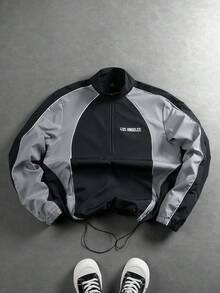 PAVTROS Áo khoác nam phong cách đường phố bán chạy INS phối màu đen xám với chữ LA, cổ đứng, kiểu bomber, khóa kéo, quà tặng cho bạn trai/chồng, kỷ niệm. - Nhiều màu - Xem 5