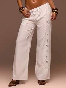 ROMWE Avant Vacation Casual Boho White Side Floral Hollow Embroidery Straight Leg Pants For Women Beach Summer - White - View 1