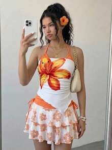 SHEIN Girlism 少女橙白碎花印花露脐吊带背心搭配不对称层叠下摆半身裙两件套，适合日常通勤、优雅场合、派对、家庭聚会、毕业典礼、度假等。 - 珊瑚橙 - 查看 2