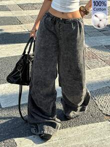 Coolane Pantalones tipo paracaídas con pierna ancha y tiro bajo lavados, ropa de vuelta al colegio para mujer - Gris Oscuro - Ver 5