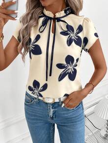 SHEIN Clasi Blusa con estampado floral y lazo versátil para mujer - Multicolor - Ver 4