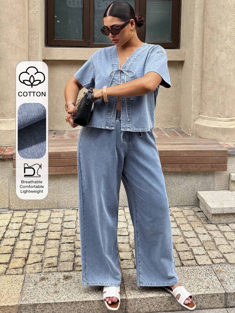Dazy Plus Western Cowgirl Vacation Style Loose Tie Front Short Sleeve Top And Wide Leg Pants Spring/Summer Plus Size Women Denim Set