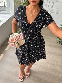 SHEIN EZwear 大码女士休闲碎花系带度假连衣裙 - 彩色 - 查看 5