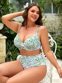 Swim Mod 2026 New Summer Beach Vacation Elegant Sweet Abstract Tie Dye Print Twist Front Plus Size Swimwear Set - Multicolor - View 6