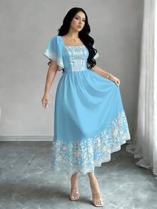 Modelyn Vestido de manga corta con cuello cuadrado y manga abullonada con estampado floral, vestido midi de cintura ceñida para el verano, vestido azul con estampado floral - Multicolor - Ver 3