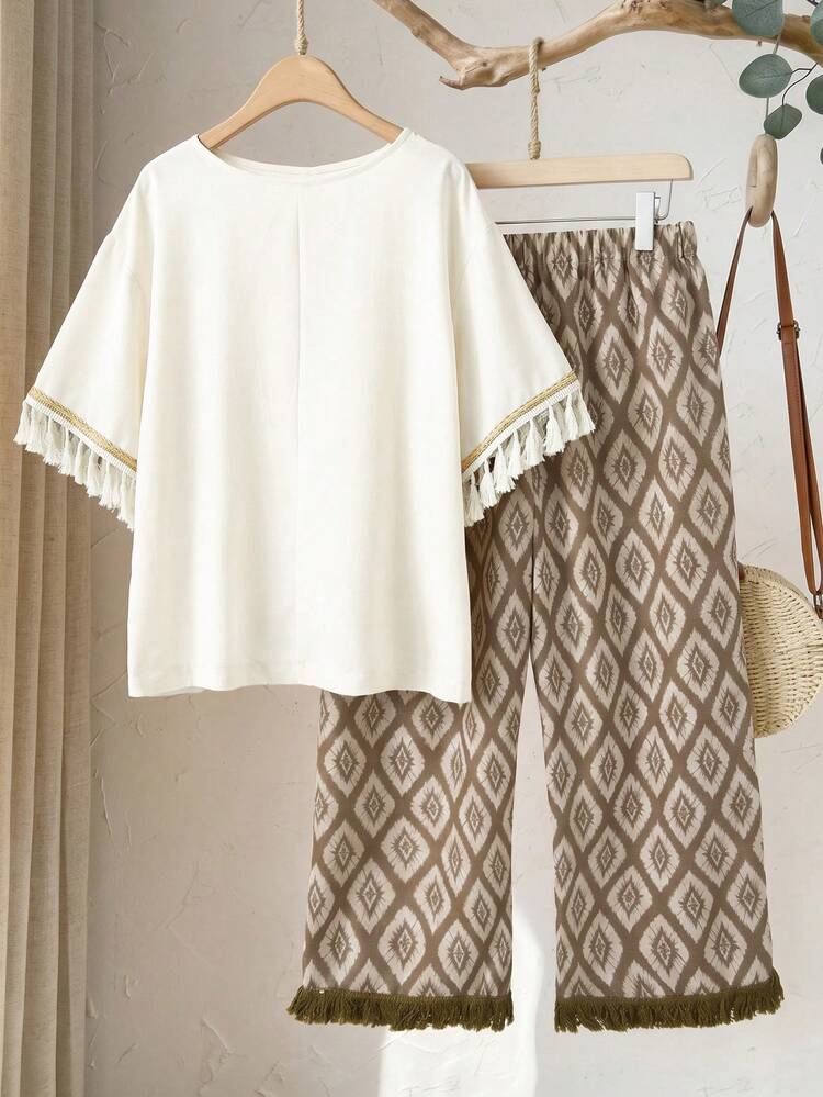 Plus Size Women Vacation Fringe Cuff Loose Shirt And Geometric Print Wide Leg Pants Casual 2 Pieces Set