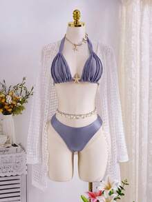 Swim Chiccia 女款 2 件組浪漫熱帶復古性感優雅海灘派對度假/約會套裝，粗肩帶，抓皺設計，藍色調，夏季泳裝 - 紫色 - 查看 5