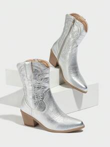 Daringsoles 女士厚底性感假日西部靴通勤刺绣尖头中跟侧拉链秋冬靴美式短靴低帮靴假日圣诞节万圣节复古靴 - 銀色 - 查看 2