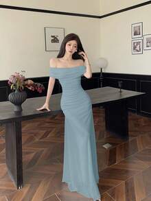 Modelyn 女士露肩褶皱腰身优雅婚礼/场合礼服 - 霧霾藍 - 查看 4