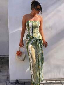 Swim Oasis 2pcs/Set Women's Modest Beach Outfit, Floral & Striped Halter Neck Romper And Side Tie Skirt, Suitable For Beach, Pool Party, Vacation - Multicolor - View 3