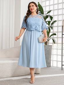 Reflora Plus Size Elegant Party Solid Color Hollow-Out Patchwork Dress - Blue - View 8