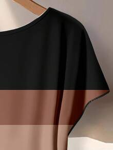 SHEIN VCAY 2pcs Casual Minimalist Colorblock Striped Print Tie Bow Blouse & Loose Straight Leg Pants Set, Suitable For Spring/Summer - Multicolor - View 5