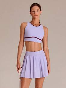 GLOWMODE FeatherFit™-Sculpt Sweat-Wicking Stretchy Contrast Stripe Ribbed Underbust Open Back Sports Bra With Built-In Cups Medium Impact Training Tennis Golf Daily Active Wear - Purple - View 6