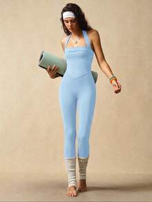 VARSIVA Solid Color Backless Halter Neck Fitted Jumpsuit - Blue - View 5