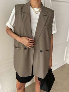 DAZY Women's Solid Color Lapel Double-Breasted Casual Sleeveless Business Blazer,Fall Clothes - Khaki - View 3