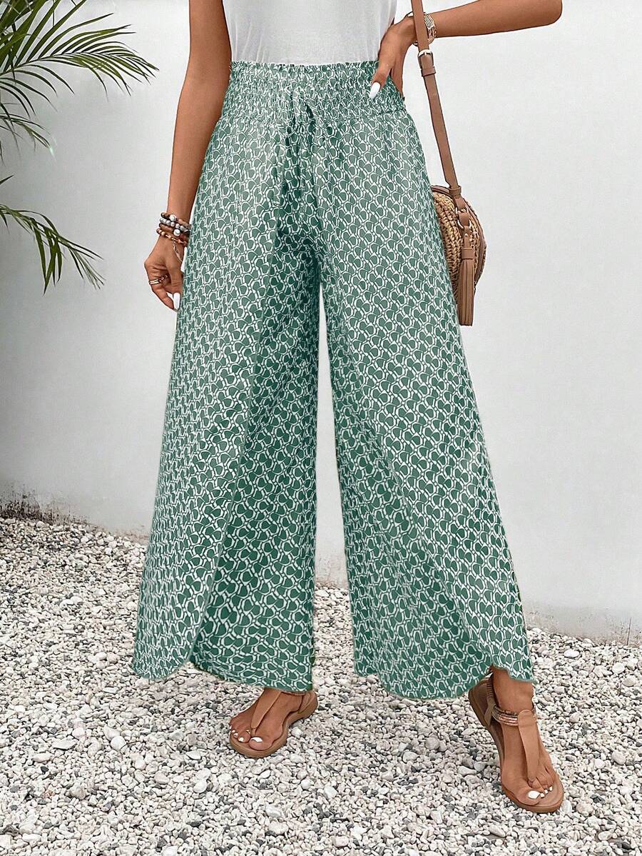 SHEIN Frenchy Quần ống rộng dáng suông, cạp chun, vạt chéo, họa tiết in toàn thân, thắt nút. - Màu xanh Ô liu - Xem 1