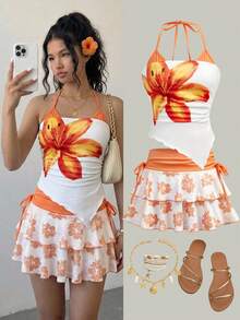 SHEIN Girlism 少女橙白碎花印花露脐吊带背心搭配不对称层叠下摆半身裙两件套，适合日常通勤、优雅场合、派对、家庭聚会、毕业典礼、度假等。 - 珊瑚橙 - 查看 3