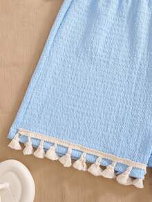 Sparklyn Set de 2 piezas con top corto sin mangas con moño a rayas + shorts con volantes para niñas adolescentes, estilo dulce y picante, diseño sin forro, adecuado para fiestas y salidas de verano - Azul - Ver 7
