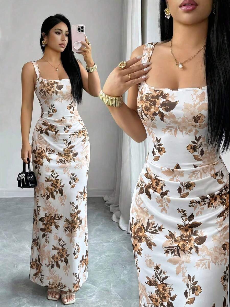 Elenzga Elegant Summer Floral Bodycon Dress,White And Brown French Square Neckline Mermaid Silhouette,Garden Party Wedding Vacation Date Formal Dress - Multicolor - View 1