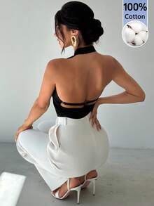 Firerie 女士新款优雅通勤衬衫，不对称领无袖露背吊带可调节纽扣装饰修身黑色办公衬衫，女士通勤衬衫，春夏服装，通勤，优雅，性感 - 黑色 - 查看 5