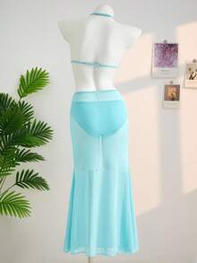 Veykashi Bộ bikini hai mảnh cỡ lớn dành cho nữ đi biển, trang trí hình sao biển kim loại, kiểu yếm, kèm áo khoác ngoài và váy ngắn. - Nhiều màu - Xem 3