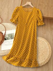Rusticease 大码女式春季休闲度假棕色波点荷叶边花瓣袖连衣裙 - 黃色 - 查看 9
