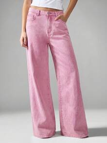 SHEIN PETITE Quần jeans nữ cạp cao, ống rộng màu hồng nhạt, thích hợp cho trang phục thường ngày mùa hè. Quần jeans nữ dáng rộng, có túi, ống loe, thích hợp cho trang phục thường ngày. - Hồng - Xem 6