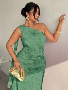Firerie Plus Size Women's Sage Green Summer Elegant Wedding Guest Asymmetrical Shoulder Bodycon Maxi Dress, Fashion Party Beach Vacation Outfit - Green - View 6