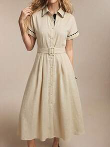BizChic Women's Mid-Length Dress With Lapel Collar, Japanese Style Buckle Belt, Side Pockets, Single-Breasted Front Opening, Elegant Casual For Party, Date, Wedding Guest, Vacation, Independence Day, Graduation Season, Music Festival, Slimming, Versatile, High-End Summer - White - View 4