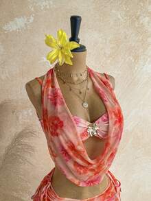 Soleia Orange Digital Print Bikini Set, Includes Bikini Top And Sheer Sarong Skirt, Sexy - Multicolor - View 6