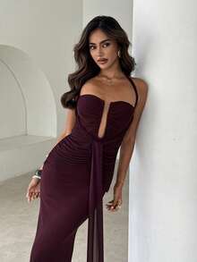 Aloruh Women's Burgundy Deep V-Neck Tie-Up Ruched Dress, Spring/Summer Event Formal Formal,Wedding Vacation Guests,Dresses For Women Summer Elegant - Purple - View 7