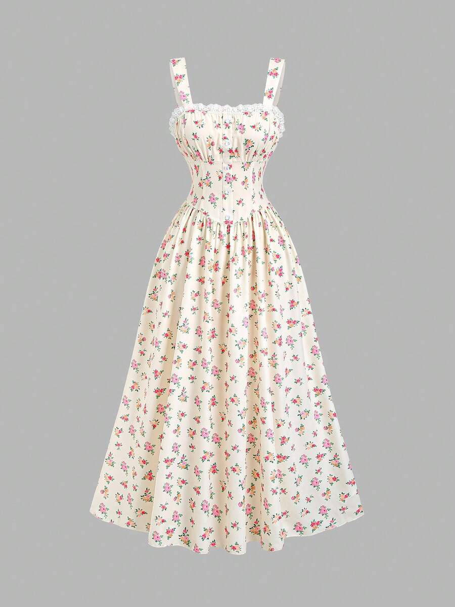 Sweetra Lace Trim Button Decor Pure Ditsy Floral Vacation Slip Dress - Multicolor - View 1
