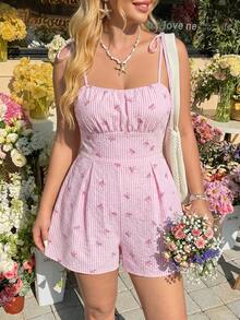 SHEIN MOD Bộ áo liền quần cỡ lớn có nơ và họa tiết kẻ sọc - Hồng - Xem 7