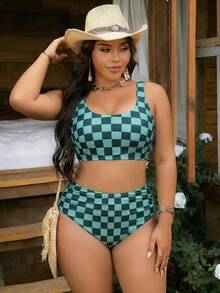 SHEIN Swim Curve 大尺碼女款青綠色格紋坦基尼泳衣套裝，休閒熱帶度假海灘假期夏季 - 青碧色 - 查看 3