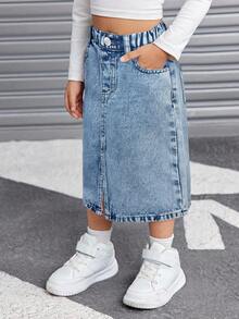 SHEIN Váy ngắn denim có túi thời trang cho bé gái - Rửa nhẹ - Xem 3
