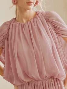 Anewsta Conjunto de 2 piezas de top elegante y romántico con drapeado y falda midi plisada y acampanada de moda para mujer - Rosa - Ver 2
