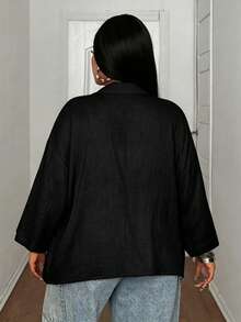 Maweii Plus Size Women Summer Vacation Black Batwing Sleeve Three-Quarter Sleeve Short Sleeve Casual Traditional Button Pocket Shirt Rodeo - Black - View 3